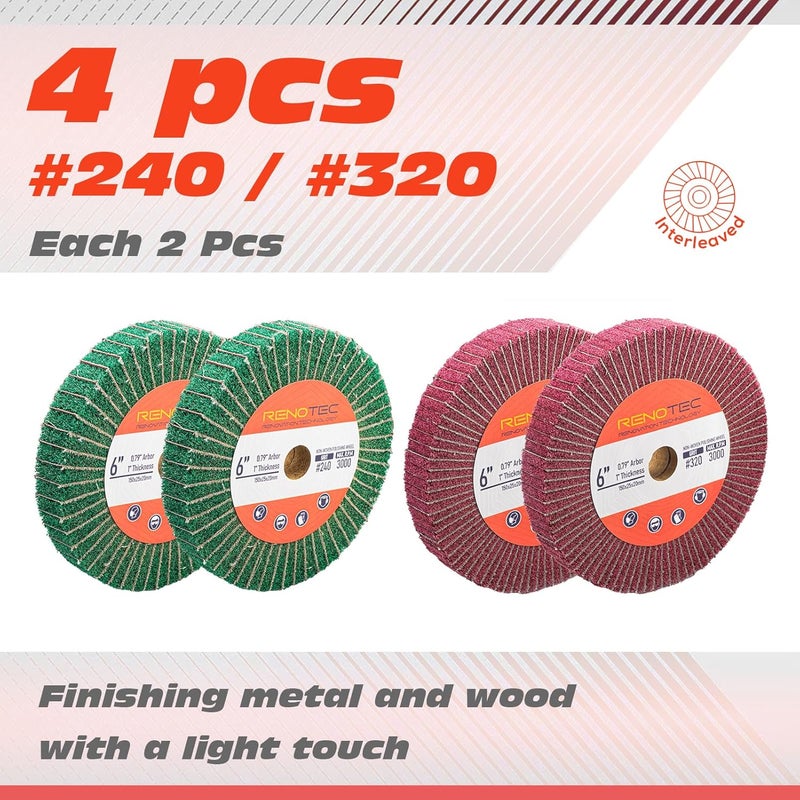 RENOTEC 6 Inch Flap Wheel, Non-Woven Abrasive Polishing Wheel, 1 Inch Thickness, 3/4 Inch Arbor, for Bench Grinder (Assorted Grit240 Grit320 SP) - Image 3